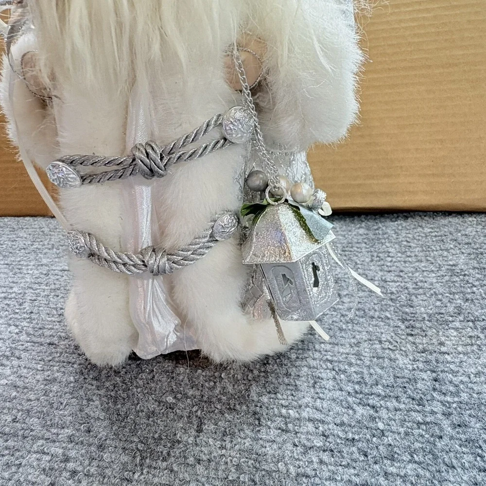 Vintage Old World Santa Tree Topper White Silver Fur Trim Holiday Decor Figurine
